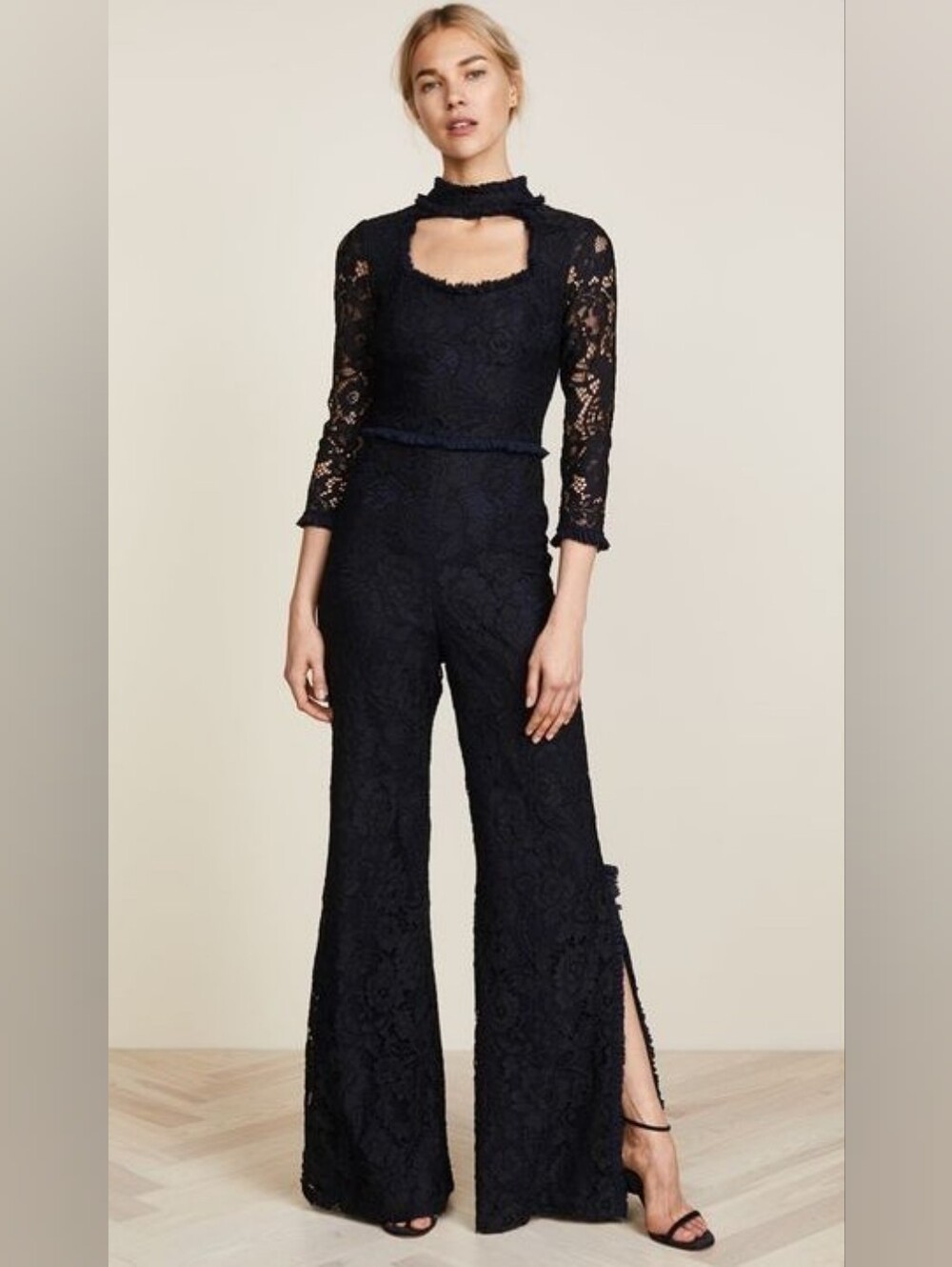 Alexis Debra Lace Jumpsuit Size S Black Navy Blue Flared Leg Cut Out Formal Glam